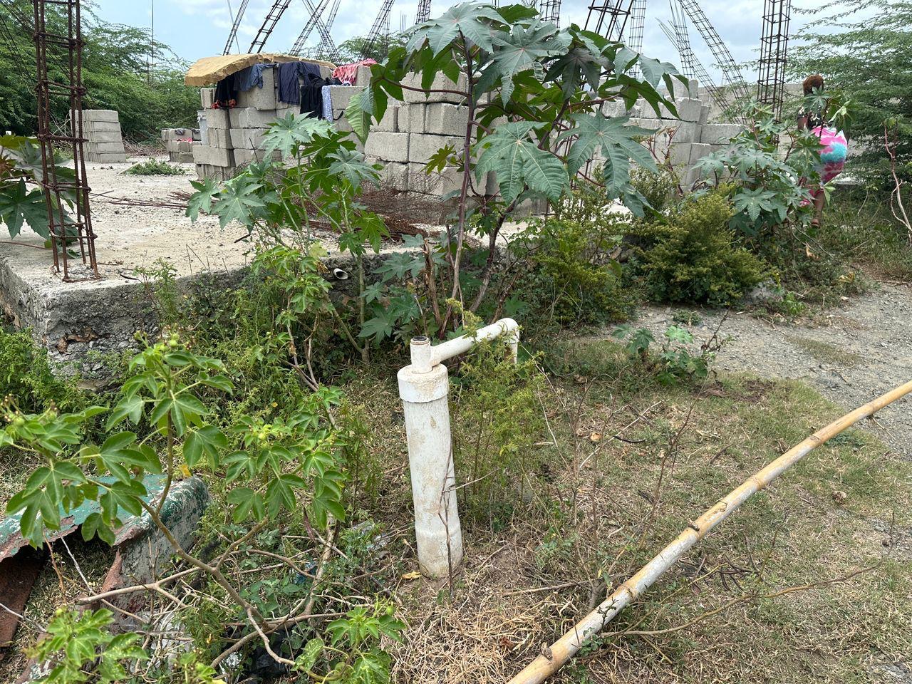 Concrete block walls taking shape across the site amid greenery